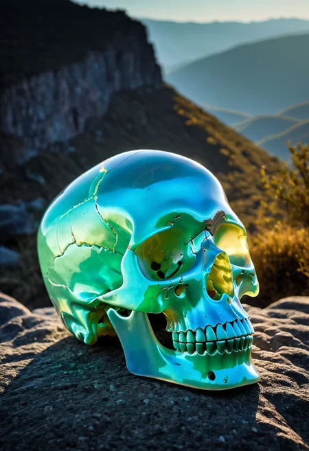 Fujifilm XT3, Sony A7 IV, (award winning photography) a delicate translucent skull made of opal set on a stone ledge in the early morning light, glistening. in the background beautiful valleys, divine iridescent glowing, opalescent textures, volumetric light, ethereal, sparkling, light inside body, bioluminescence, studio photo, highly detailed, sharp focus (highest quality: 1.39) (highest coherency: 1.39) (award winning photography), highly detailed photography, (muted colors, cinematic, dim colors, soothing tones:1.2), vibrant, insanely detailed, hyperdetailed, (dark shot:1.2), (vsco:0.3), (intricate details:0.9), (hdr, hyperdetailed:1.2) (vignette), sss