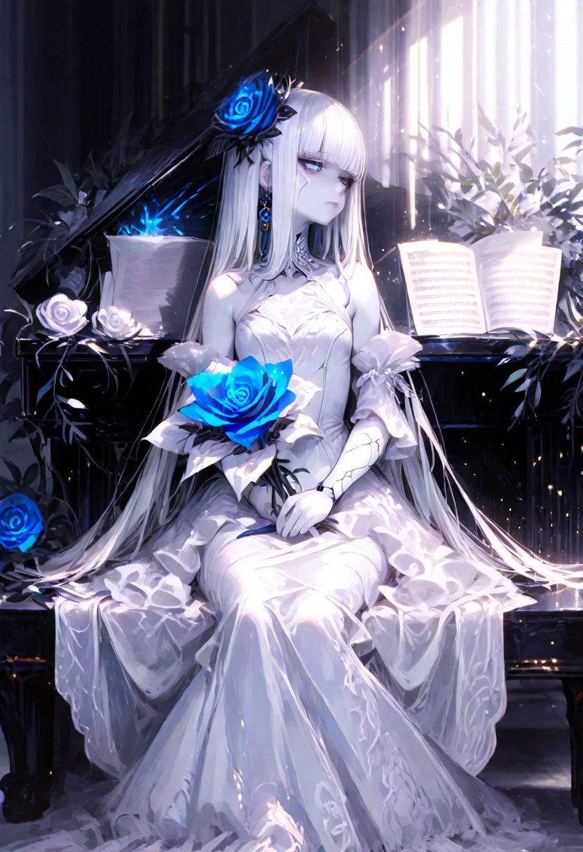 masterpiece, best quality, hyper-realistic, ultra-HD, intricate textures, luminous lighting, cinematic ambiance, shimmering gradients, ethereal glow, deep contrast, soft volumetric fog, subtle particles, radiant reflections, rich color tones, seductive atmosphere, captivating sensuality,
BREAK
plump glossy lips, flushed cheeks, alluring expression,
BREAK
raytracing, volumetric lighting, ambient occlusion, shimmering particles in the air, intricate cinematic background,intimate and seductive, crafted to captivate and seduce. realistic, Cinematic Lighting,Shadow,backlit, backlighting
BREAK
(sexy, slutty, hot, aroused)
Automaton, colored skin, robot girl, (white_skin:2.0), joints, white hair, blue eyes, glowing blue eyes, metal_skin, no nipples, metal_skin, very long hair,
body writing,tattoo, barcode, 
ong_hair, hair_ornament, delicate dress, closed_mouth, jewelry, bare_shoulders, very_long_hair, sitting, full_body, white_hair, delicate flower, earrings, delicate frills, detached_sleeves, indoors, blunt_bangs, hair_flower, white_dress, grey_eyes, book, sleeveless_dress, rose, leaf, frilled_dress, white_flower, plant, instrument, butterfly, blue_flower, bouquet, long_dress, delicate wedding_dress, white_rose, holding_bouquet, piano, hands_on_lap, sheet_music, grand_piano, looking_at_viewer, bloom,light rays,