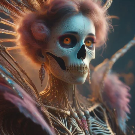 Intricately detailed skeleton voodoo woman,  Vibrant earthen color scheme, masterpiece, best quality, ultra detailed, hires, 8k uhd, cinematic lighting