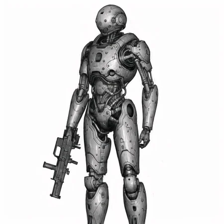 <lora:arielp:1.0>,
(arielpstyle:1.0), dark, horror, creepy, creepy-looking, painting, lovecraftian, grease, painting \(medium\), drawing, brush stroke,
drawing of a robot holding a gun and a gun in his hand, with a white background and a black outline, solo, science fiction, white background, weapon, sketch, realistic, cyborg, simple background, monochrome, standing, greyscale, cyberpunk, joints, alien
