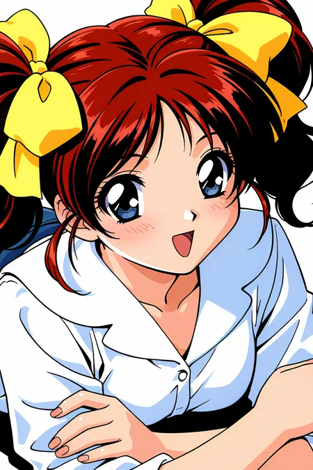 masterpiece, best quality, absurdres, official art, official style, general BREAK,
<lora:janjans1-hina_IL2_v1:0.7>, kawahara hina, 1girl, solo, red hair, blue eyes, parted bangs, short hair, short twintails, hair ribbon, shiny hair, 1990s \(style\:1.1), retro artstyle, anime coloring, small breasts, flat chest, open mouth, close-up, blush, looking at viewer, on stomach, smile, lying, crossed arms, :d, from above, upper body, white shirt, yellow ribbon, head rest