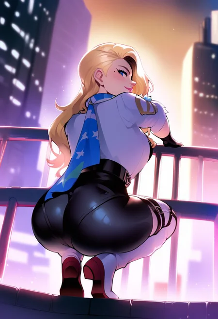 masterpiece, best quality, score_9, score_8_up, score_7_up, 1girl, looking at the viewer, loking behind, tilted head, calm face, city scrappers, futuristic city, rooftop, rooftop rails, hirokosmtii, long hair, blonde hair, mole under eye, blue eyes, thighhigh boots, black bodysuit, legless bodysuit, gartelt belt, scarf, gloves, cleavage, white jacket, garterbelt, leather clothes, playful, crouching, from behind, ass, big butt, hand on lower back, hand on rail, focus in ass, night, night sky, low angle, full body shot, ambient lighting