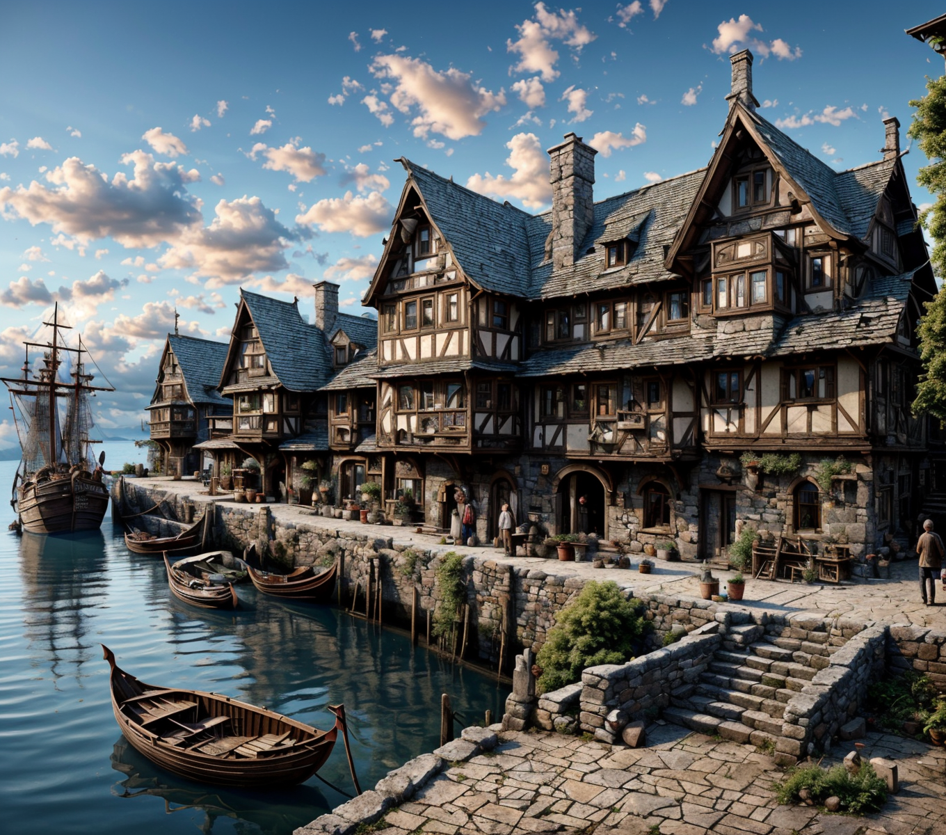 RAW photo, (masterpiece:1.3), subsurface scattering, heavy shadow, (high quality:1.4), (intricate, high detail:1.2), professional photography, HDR, High Dynamic Range, realistic, ultra realistic, photorealistic, high resolution, film photography, ambient lighting, atmospheric effects, <lora:detail_slider_v4:2>, OverallDetail,  <lora:HarborAndDocks:1>, blue sky, boat, bridge, building, cityscape, cloud, day, dock, hado, house, multiple boys, multiple others, outdoors, scenery, sky, stairs, tree, water, watercraft,