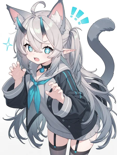 <lora:cuite:1>,Ñute girl,cat ears,+_+,blue eyes,grey hair,long hair,5 fingers,cat tail,