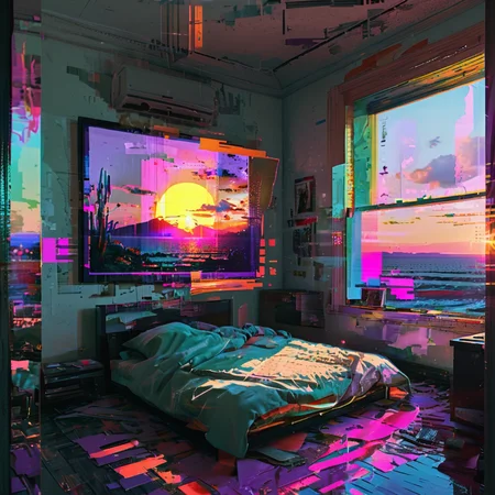 ,glitchstyle,<lora:Glitch_style-xl:0.8>,masterpiece,
room,window,sunset,solo,.glitch,