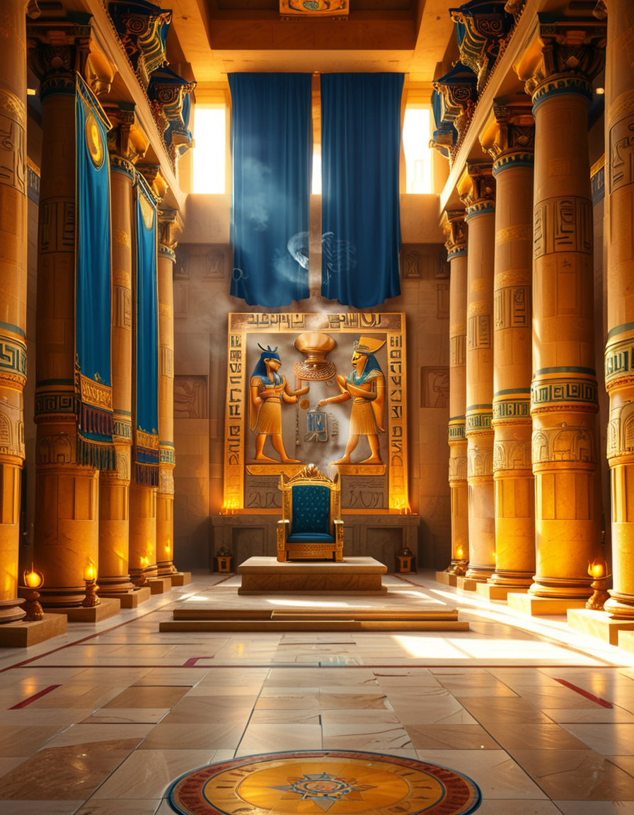 A grand and majestic ancient Egyptian throne room, illuminated by the warm glow of oil lamps and torches mounted on the intricately carved sandstone walls. The room is vast, with towering columns adorned with gold-inlaid hieroglyphs and bas-reliefs depicting gods such as Ra, Osiris, and Anubis, as well as scenes of royal ceremonies and offerings. The walls are covered with colorful frescoes, painted in deep shades of blue, red, and gold, telling the stories of ancient pharaohs and their divine rule.
At the center of the hall, an ornate golden throne rests atop a raised stone platform, accessible by a few steps. The throne is adorned with intricate carvings of winged sun disks, sacred cobras, and falcon motifs, symbolizing power and divine protection. The seat and backrest are encrusted with lapis lazuli, turquoise, and carnelian, creating a striking contrast against the polished gold. Two large stone statues of sphinxes flank the throne, their watchful eyes seeming to guard the empty seat of power.
The polished limestone floor reflects the flickering golden light of the torches, creating an almost mystical atmosphere. Large braziers shaped like lotus flowers release thin trails of fragrant incense smoke, adding to the sacred and mysterious ambiance of the room.
In the background, massive stone doors, partially open, reveal a glimpse of an open courtyard with palm trees and a distant view of the Nile River under a twilight sky. Through the high ceilings, small openings allow beams of moonlight to filter in, casting soft silver highlights across the chamber, blending with the warm tones of the torchlight.
The atmosphere is one of silence, mystery, and timeless majesty, as if the room has been left untouched for centuries, awaiting the return of a forgotten ruler.
<lora:SDXLFaeTastic2400:0.4> <lora:extremely_detailed:0.4> extremely detailed, <lora:ancient_Egyptian_thr0n3_r00m:1>,ancient Egyptian thr0n3 r00m, Masterpiece,best quality,hi res,8k,hi res,8k,award winning,(sharp focus, intricate, highly detailed),