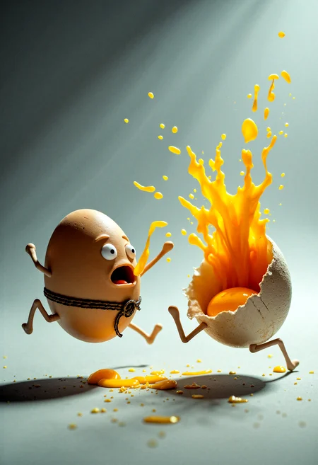 "A surreal yet realistic composition of two anthropomorphic eggs mid-fight. The attacking egg leaps with a dynamic kicking pose, its shell flawless except for subtle stress cracks near the 'leg' area, wearing a cinched karate belt that highlights its action hero persona. The struck egg reacts dramatically, its face etched with exaggerated emotion, as its shell bursts apart, releasing a cascade of golden yolk. The yolk splashes outward in intricate arcs, forming suspended droplets that catch soft highlights, while jagged shell fragments scatter naturally on the smooth gray surface. The lighting is precisely directed, accentuating the eggs' textures and emphasizing the absurdity of the scene, set against a minimalist gray-to-blue gradient background that focuses attention on the action-packed moment."