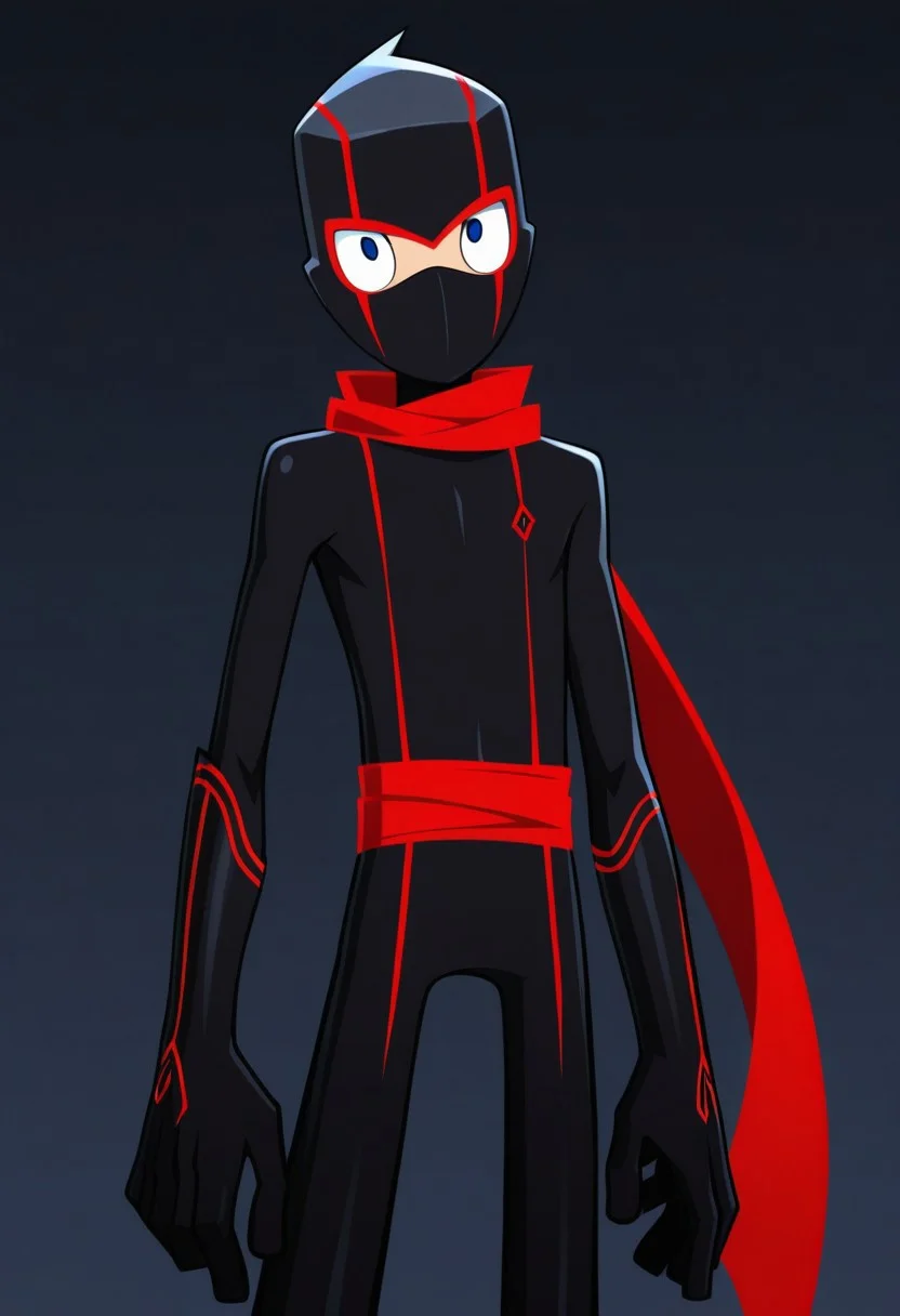 masterpiece,best quality,amazing quality,
RandyCunningham, 1boy, male focus, solo, blue eyes, ninja, mask, black bodysuit, scarf, red scarf,