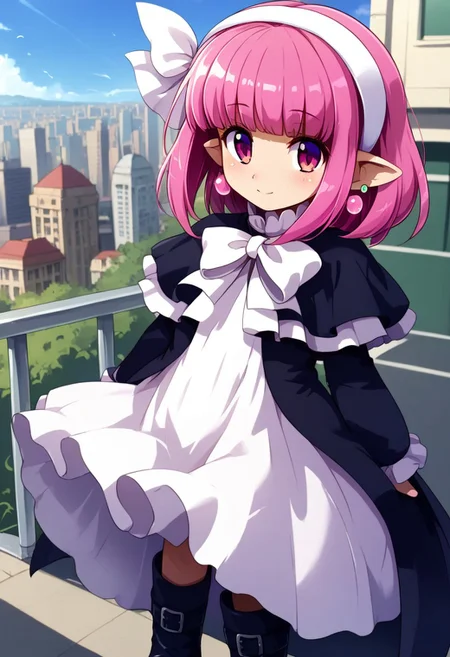 score_9, score_8_up, score_7_up,source_anime,long sleeve,black long dress,Slit in the center dress,pink hair,pink eyes,capelet,black Long boots,blunt bangs,long dress,earrings,white hair ribbon,white hairband,pointy ears,ribbon,outdoor,city,day,Sunshine,