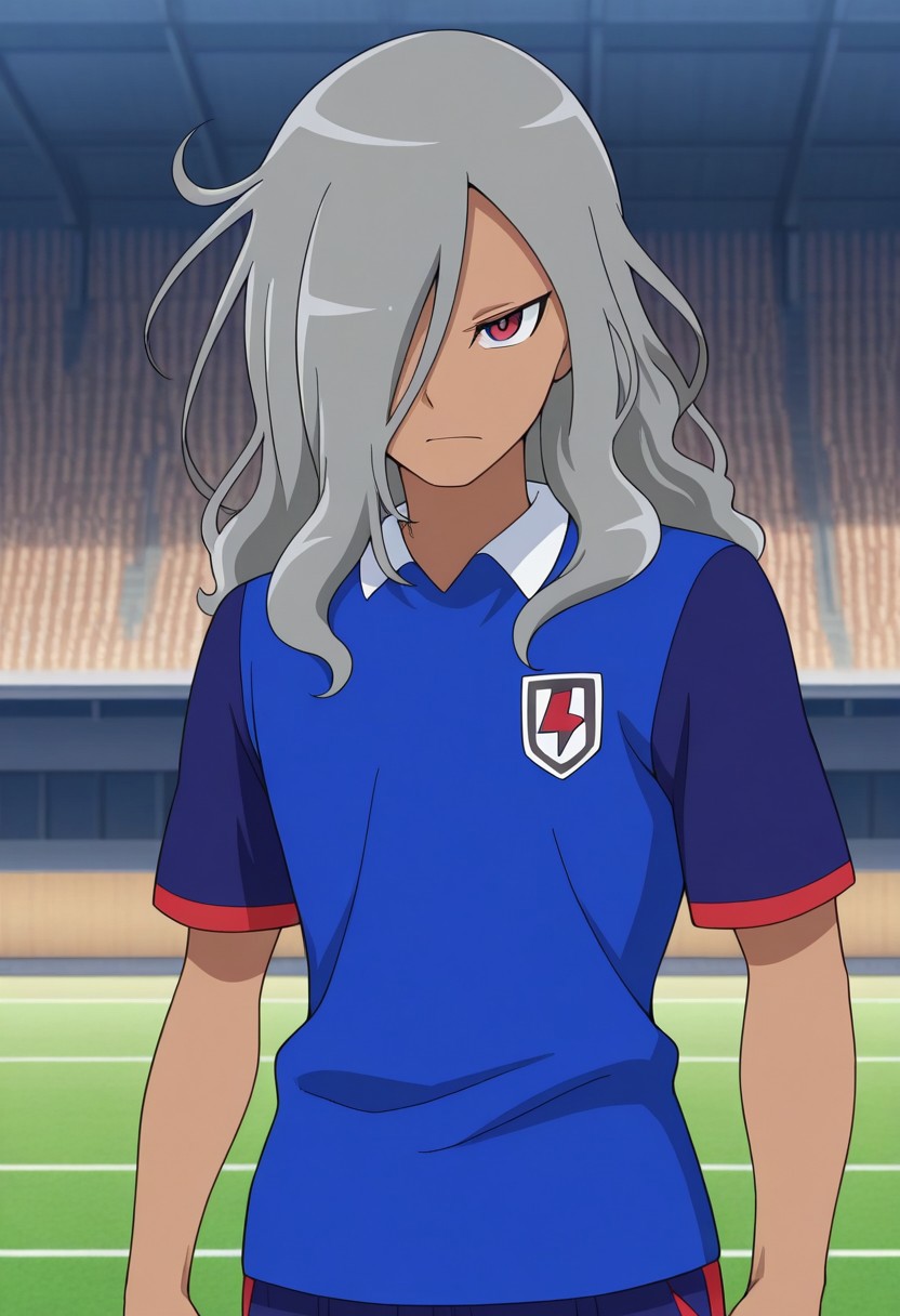 masterpiece,best quality,amazing quality, source_anime,
HaizakiRyouhei, 1boy, male focus, solo, dark skin, dark-skinned male, red eyes, grey hair, long hair, hair over one eye, orion soccer uniform, shirt, blue shirt, popped collar, raglan sleeves, short sleeves, shorts, blue shorts,
outdoor,