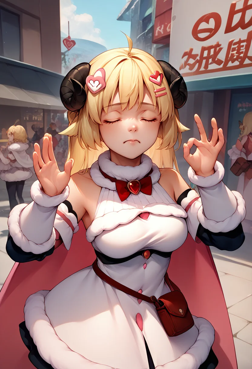 score_9, score_8_up, score_7_up, pachameme, hands up, ok sign, closed eyes, <lora:PachaMeme_pdxl_Incrs_v1:1>, <lora:ChamTsunomakiWatamePonyXL:1>, WatameBase, very long hair, ahoge, hairclip, fur-trimmed dress, short dress, red bowtie, detached sleeves, pouch, fur-trimmed cape, pink cape