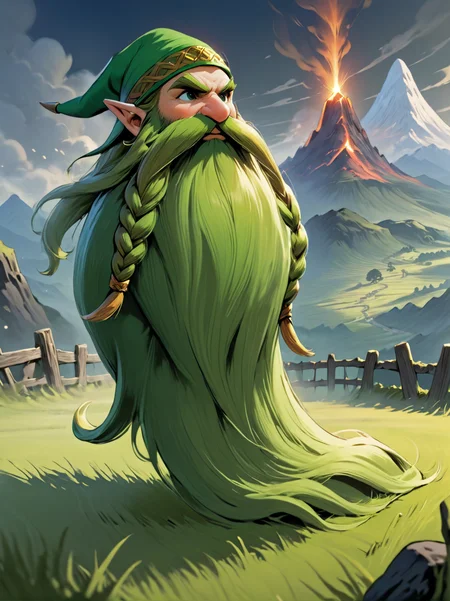Link's tunic, link's hat, master sword, ultra detailed, masterpiece, Harry_Dwarf, dwarf-like, flowing long green beard, twirly moustache, pointy ears,bald, bangles, <lora:Harry_Dwarf_1.5:1>, back lighting, beautiful lighting, open field with grass, wooden fences, smoking volcanic mountain in distant background