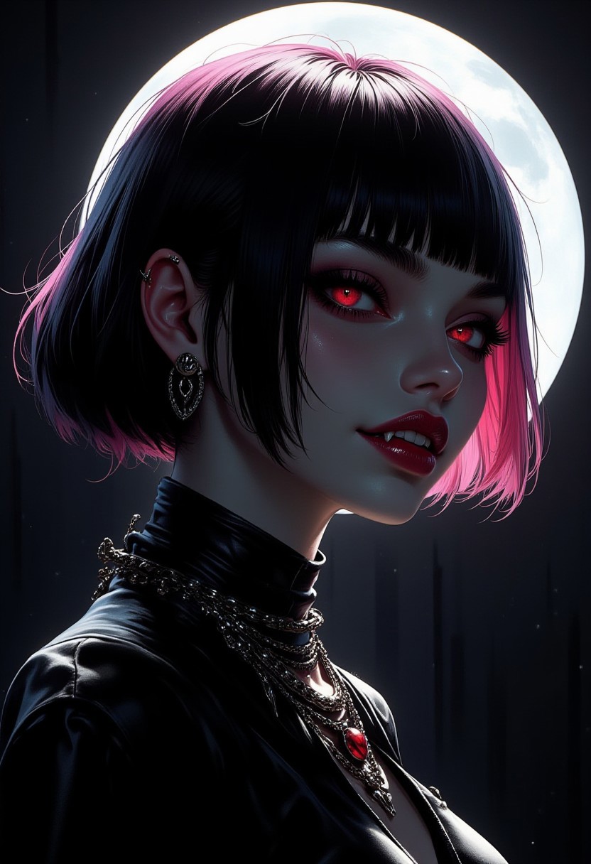 Stunning illustration of Japanese goth woman, vampire, straight-cut bob, two-tone hair (black with pink streak), bangs, earrings and elaborate necklaces, egyptian eyeliner, red lips, fangs, direct sensual gaze, erotic, sexy, silhouetted in moonlight, detailed red eyes