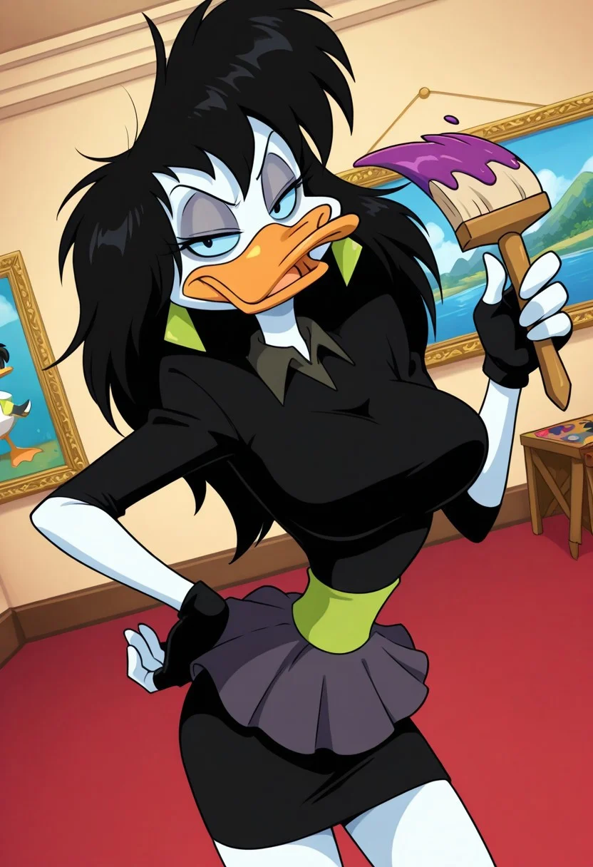score_9,score_8_up,score_7_up,score_6_up,best quality,masterpiece, (background painting gallery),
1girl, solo, dynamic angle,
BREAK
splatterphoenix, black hair, female furry, duck, scruffy hair, earrings, black collared shirt, fingerless gloves, skirt, black eyes, blue sclera, grey eye makeupm large breasts, narrow waist, looking at viewer,confident, happy, holding paint brush, half-closed eyes, hand on hip, smug,