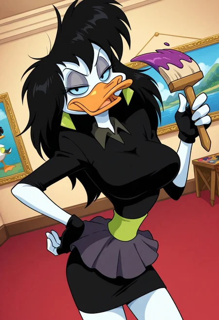 score_9,score_8_up,score_7_up,score_6_up,best quality,masterpiece, (background painting gallery),
1girl, solo, dynamic angle,
BREAK
splatterphoenix, black hair, female furry, duck, scruffy hair, earrings, black collared shirt, fingerless gloves, skirt, black eyes, blue sclera, grey eye makeupm large breasts, narrow waist, looking at viewer,confident, happy, holding paint brush, half-closed eyes, hand on hip, smug,