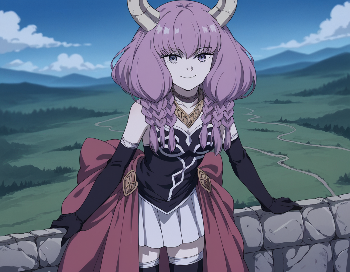 score_9, score_8_up, score_7_up, source_anime,
auratheguillotine, <lora:aura-the-guillotine-s1-ponyxl-lora-nochekaiser:1>,
aura the guillotine, long hair, purple eyes, purple hair, braid, horns, twin braids,
skirt, thighhighs, gloves, choker, black gloves, elbow gloves,
outdoors, landscape, bent over, smile,
cowboy shot, solo, dutch angle, looking at viewer,