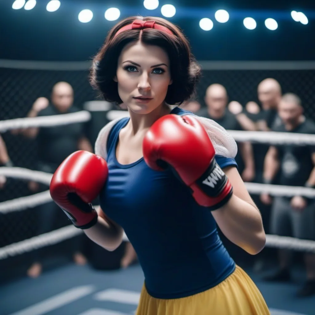 cinematic photo SnowWhite1024, a realistic woman, with boxing gloves, inside a mma cage, stadium, crowded<lora:SnowWhite1024:0.8> . 35mm photograph, film, bokeh, professional, 4k, highly detailed