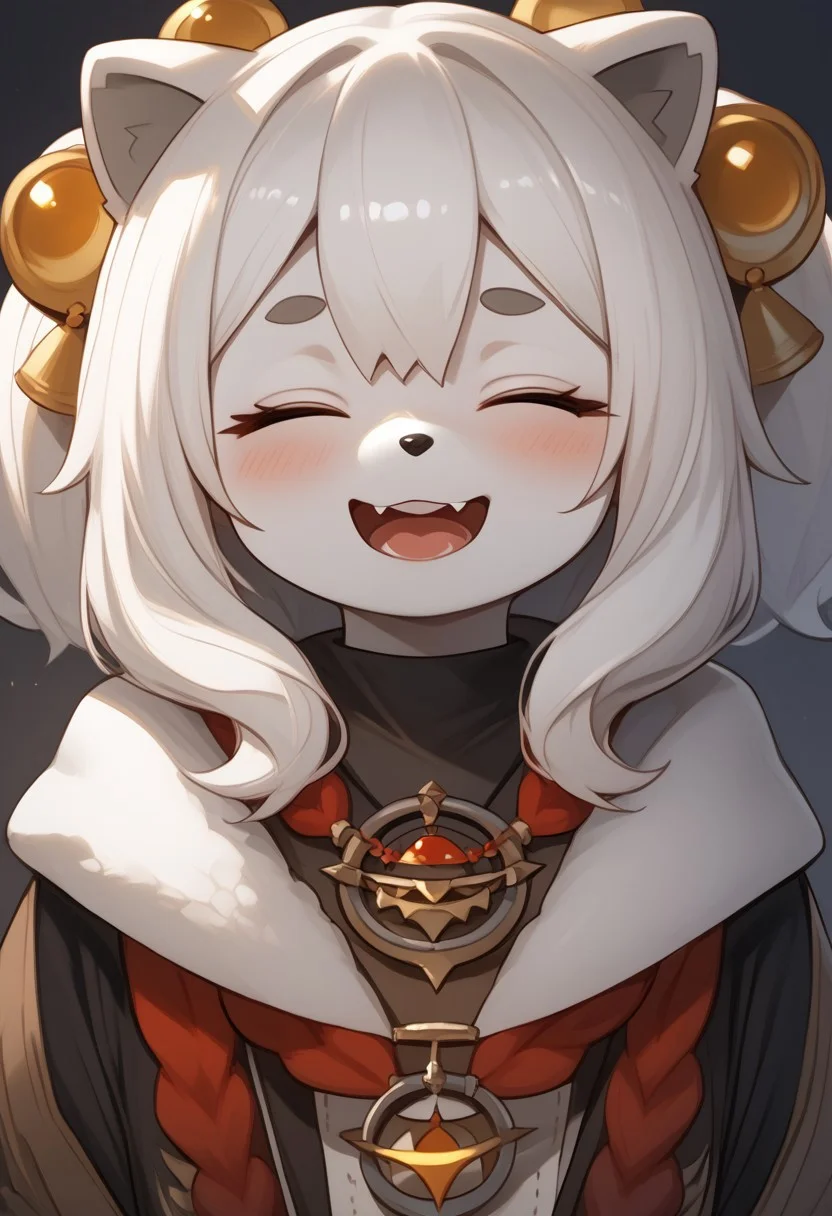 score_9, score_8_up, score_7_up, (absurdres), (highest_quality), (masterpiece), fini_(world_flipper), furry, kemono, anthro, 1girl, solo, female, white hair, white fur, rubbing eyes, closed eyes, young, open mouth, small breasts, alternate outfit