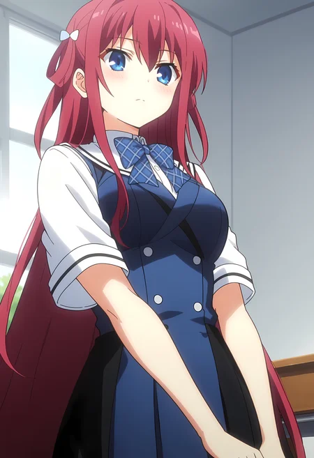 score_9, score_8_up, score_7_up, source_anime, 2d, Amane Suou, 1girl, burgundy hair, long hair, blue eyes, big breasts, white hair ornament, blue ribbon, white shirt, school uniform, anime coloring, anime screencap, detailed eyes, zPDXL, perfect faces, uncensored, rating_explicit, <lora:amane_suou_0-000030:1>, school, from below