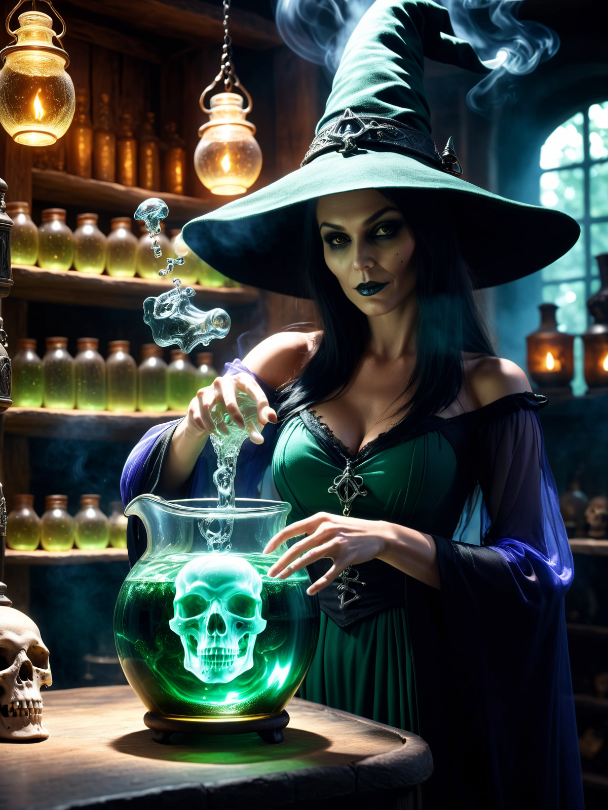fantasy, witch standing in potion shop holding glass, green boiling water mad-spklgwtr skull <lora:Sparkling_Water_SDXL:0.7>, masterpiece, best quality, ultra high res, (photorealistic, realistic:1.2), deep shadow, raw photo, film grain, Fujifilm XT3, 8k uhd, dslr