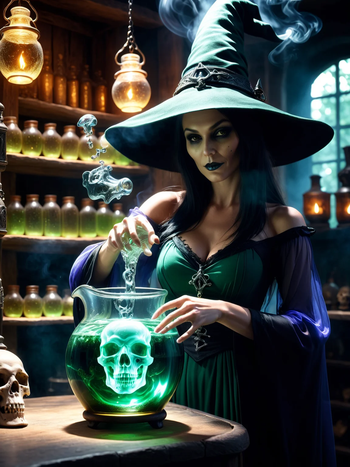 fantasy, witch standing in potion shop holding glass, green boiling water mad-spklgwtr skull <lora:Sparkling_Water_SDXL:0.7>, masterpiece, best quality, ultra high res, (photorealistic, realistic:1.2), deep shadow, raw photo, film grain, Fujifilm XT3, 8k uhd, dslr