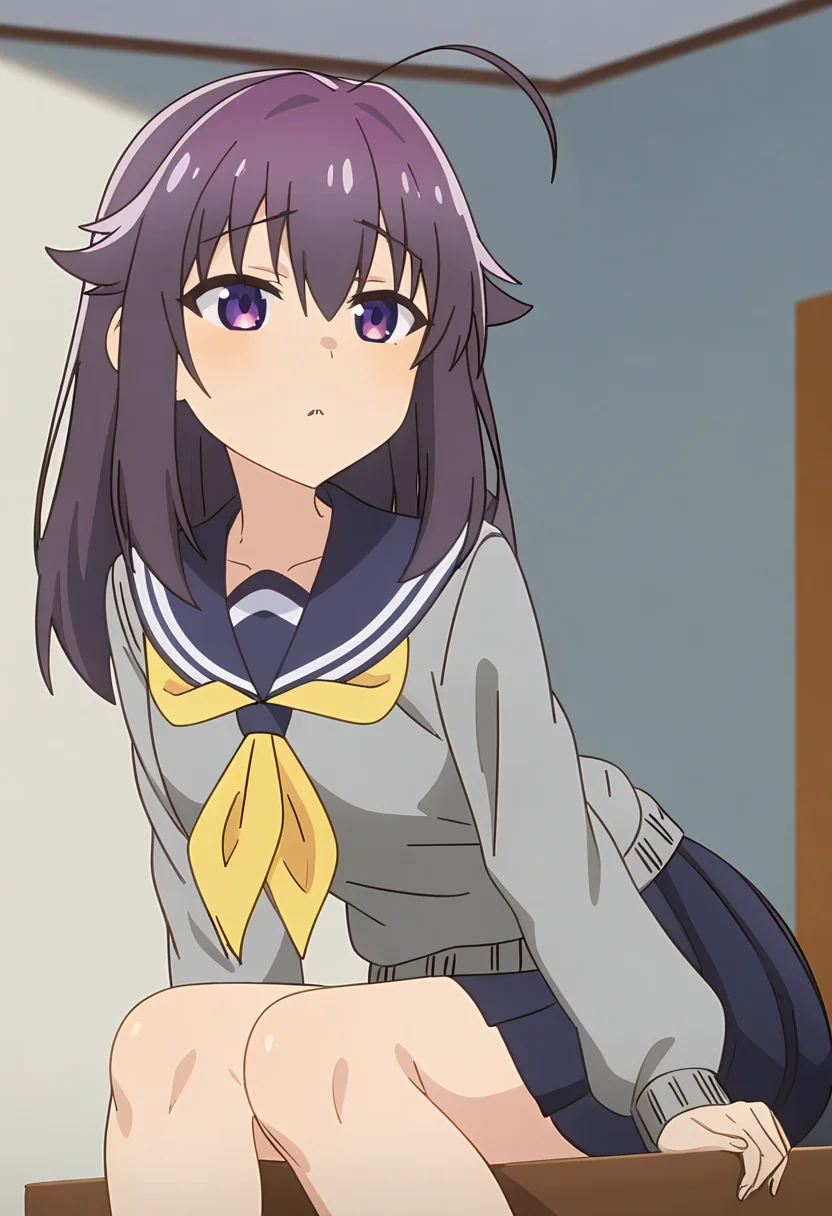 masterpiece, best quality, absurdres, very aesthetic, aesthetic, 1girl, ct_ank0, grey sweater, blue sailor collar, yellow neckerchief, puffy sleeves, blue miniskirt, shiny skin, indoors, sitting, <lora:Anko_Koshi_XL_ct_ver2:0.9>