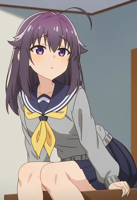 masterpiece, best quality, absurdres, very aesthetic, aesthetic, 1girl, ct_ank0, grey sweater, blue sailor collar, yellow neckerchief, puffy sleeves, blue miniskirt, shiny skin, indoors, sitting, <lora:Anko_Koshi_XL_ct_ver2:0.9>