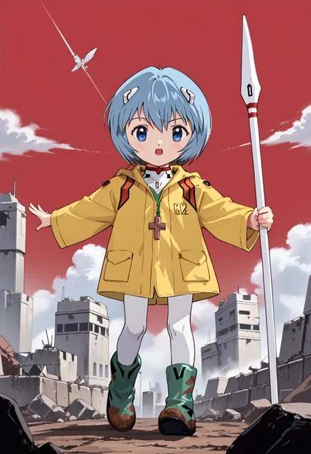 score_9, score_8_up, score_7_up, 
highres, highly detailed, high resolution, high quality, 
source_anime, anime screencap, saturation, vivid colors, 
1girl, solo, luce, full body, standing, action. dynamic pose, 
light blue hair, big dark blue eyes, short hair, cute,
(long yellow raincoat:1.1), dirty green rubber boots, 
cross on the neck,
reiayanamicosplay, ayanami rei \(cosplay\), bodysuit, headgear, plugsuit, white bodysuit,
holding red spear, evangelion spear, Spear of Longinus,
epic Sci-fi battle background, detailed ruined city background, outdoors, cloudy sky, battle, ruins, dust, red sky, b4ttl3f13ld,
BREAK 
sahaquiel \(evangelion\), no human, alien, spread arms, floating, center eye, monster