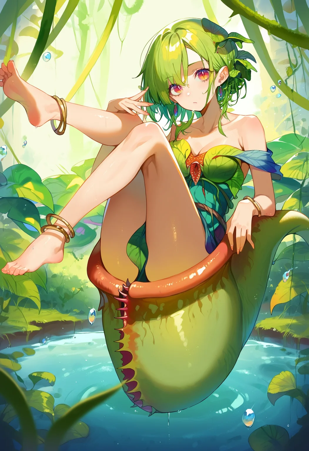score_9, score_8_up, score_7_up, score_6_up, source anime,
pitcher plant, saccophyte, 1girl, anklet, ass, bare shoulders, barefoot, carnivorous plant, collarbone, eyebrows, fingernails, full body, gradient, green hair, jewelry, knees up, leaf, leg up, light particles, looking at viewer, medium breasts, monster girl, personification, plant, plant girl, sidelocks, sitting, slit pupils, solo, vines, water drop
<lora:monmusu_plant_girl_v13:1>