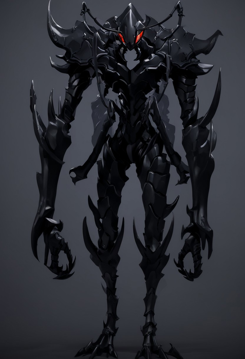 beru from solo leveling, the ant king,black armor, anime style, weapon, wings, solo, armor, teeth, straight-on, grey background, muscular male, holding, tail, helmet, silhouette