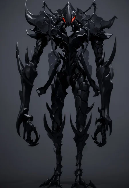 beru from solo leveling, the ant king,black armor, anime style, weapon, wings, solo, armor, teeth, straight-on, grey background, muscular male, holding, tail, helmet, silhouette
