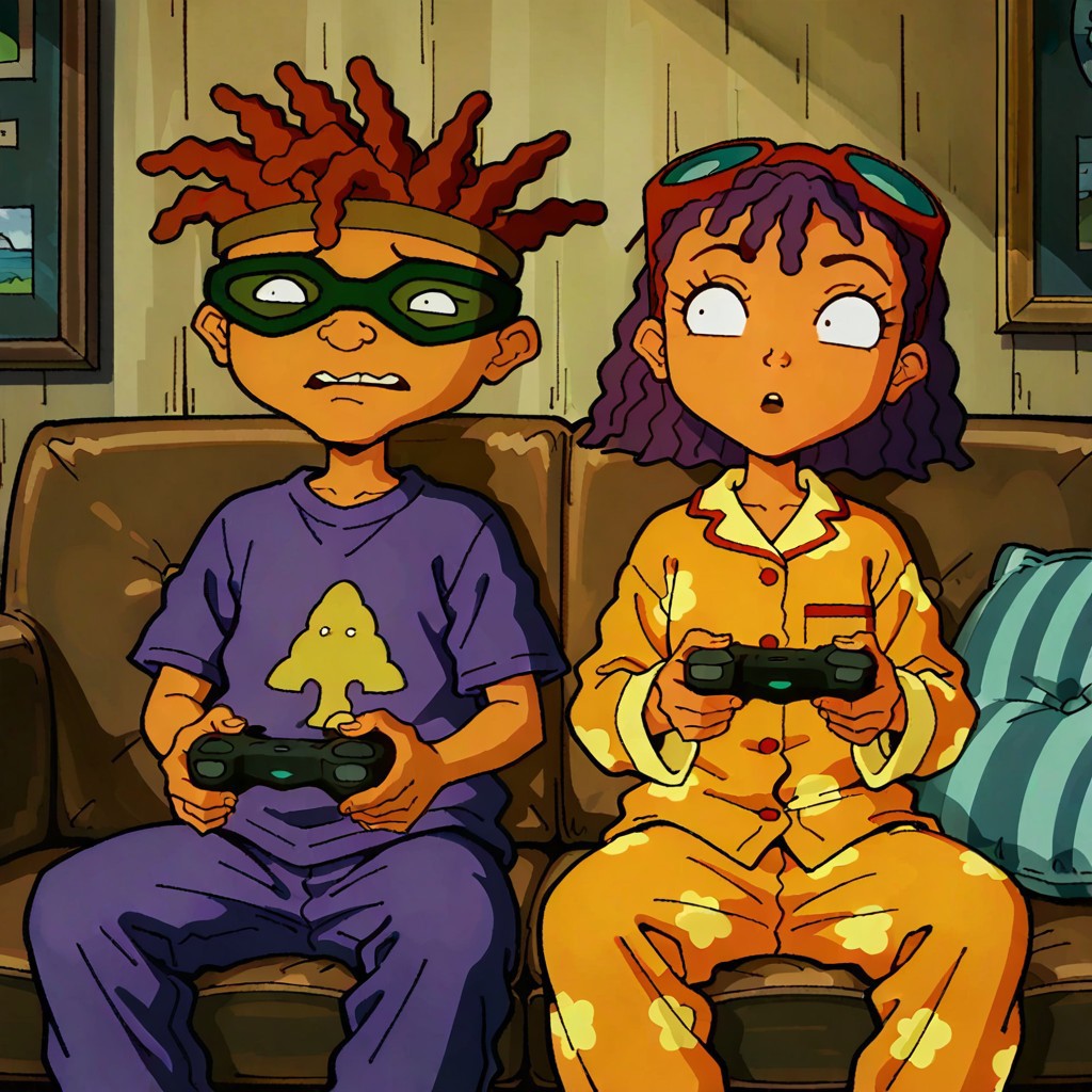 masterpiece, best quality, break, regoto_r, (1boy, otto_r, goggles), break, (1girl, reggie_r), pajamas, sitting, sofa, game controller