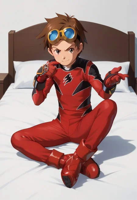score_9, score_8_up, score_7_up, zPDXL2,
1boy, solo, goggles on head, brown hair,
,sitting on bed,
geki red, red bodysuit, black markings, red gloves, red boots,
