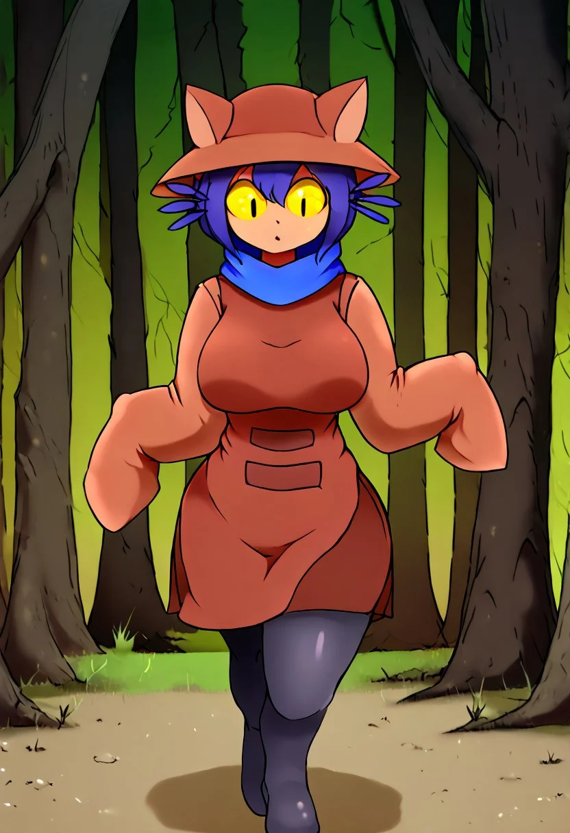 niko \(oneshot\), slit pupils, yellow sclera, cat hat, blue scarf, brown dress, sleeves past fingers, black legwear, detail1eye, slightly big breasts, perfecteyes, alone, walking through a large forest