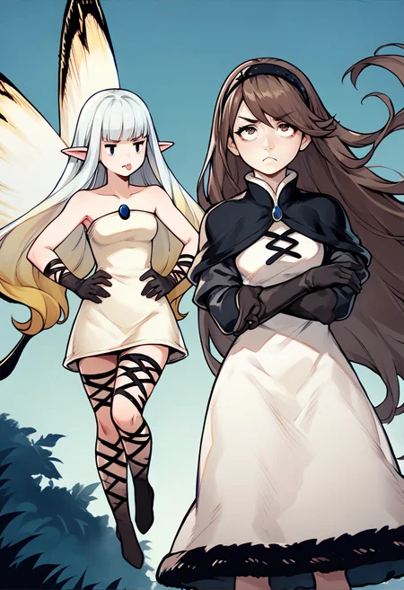 score_9, score_8_up, score_7_up, source_anime, 2girls, outdoors, BREAK
full body, flying, looking at another, annoyed, hands on hips, <lora:AiryBD-pdxl:1> airyBD, long hair, blunt bangs, gradient hair, pointy ears, white dress, short dress, strapless, medium breasts, fairy wings, black gloves, fishnet gloves, fishnet thighhighs BREAK
cowboy shot, crossed arms, rolling eyes, frown, <lora:agnesoblige-pdxl-nvwls-v1:1> defAgnes, brown hair, brown eyes, long hair, hairband, black capelet, white dress, cross-laced dress, black sleeves, black gloves, elbow gloves