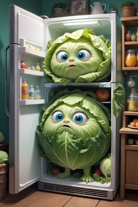 (a refrigerator door open)(fluffy, magical creatures ) Fantasy artwork with the refrigerator door open, its contents in disarray. Inside, two fluffy, magical creatures are present. One, wrapped in a cabbage leaf, looks at the viewer while shivering; the other stands next to a milk jug, making faces at its reflection in the glass. The scene captures the whimsical and fantastical nature of this miniature world, with detailed and realistic depictions of the food items, <lora:xl_more_art-full_v1:0.8> <lora:SDXLFaeTastic2400:0,6>