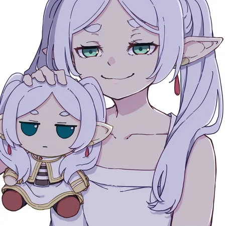 (masterpiece, high quality, amazing detail), highres, you can just give this kind of thing to men and they will be thrilled (meme\), 1girl, frieren, smug, holding fumo \(doll\), kame \(kamepan44231\) , white dress, sleeveless, white background, upper body, twintails, collarbone, holding,