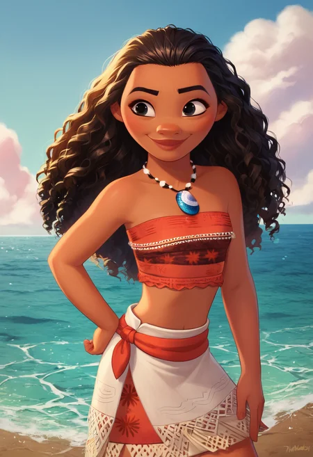 masterpiece,best quality, highly detailed, score_9, score_8_up, score_7_up, score_6_up,<lora:xl_more_art-full_v1:0.8>,
BREAK
<lora:moanaXL:0.8>moana,1girl, solo, dark-skinned female, dark skin, jewelry, hand on hip, necklace, smile, long hair, tube top, ocean, cloudy sky, bare arms, cloud, outdoors, sky, water, horizon, skirt, strapless, curly hair, midriff, cowboy shot, bare shoulders, brown hair, artist name, lips, standing, black hair, black eyes, very dark skin, bandeau
