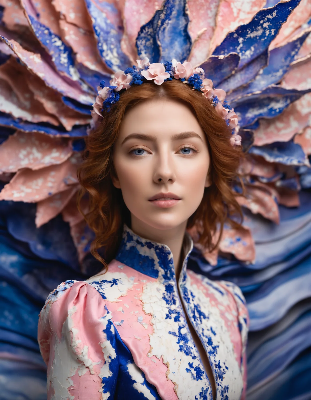 hyperrealistic renaissance photograph of a young woman made out of (Delfts pink:1.4), cracked, shattered porcelain, deep fine cracks, kintsugi, white porcelain, delfts blauw, as seen from side, looking at viewer, face focus, freckles, multicolored hair, gradient hair, smile, complex background, magical swirls, surrounded by magic, magic explosion, paint splashes, covered in light beams, vignette, masterpiece, best quality, (intricate details), (****), eldritch, glow, glowing eyes, (volumetric lighting), unique pose, dynamic pose, dutch angle, 35mm, anamorphic, lightroom, cinematography, film grain, HDR10, 8k hdr, Steve McCurry, ((cinematic)), RAW, color graded portra 400 film, remarkable color, raytracing, subsurface scattering, hyperrealistic, extreme skin details, skin pores, deep shadows, contrast, dark theme,