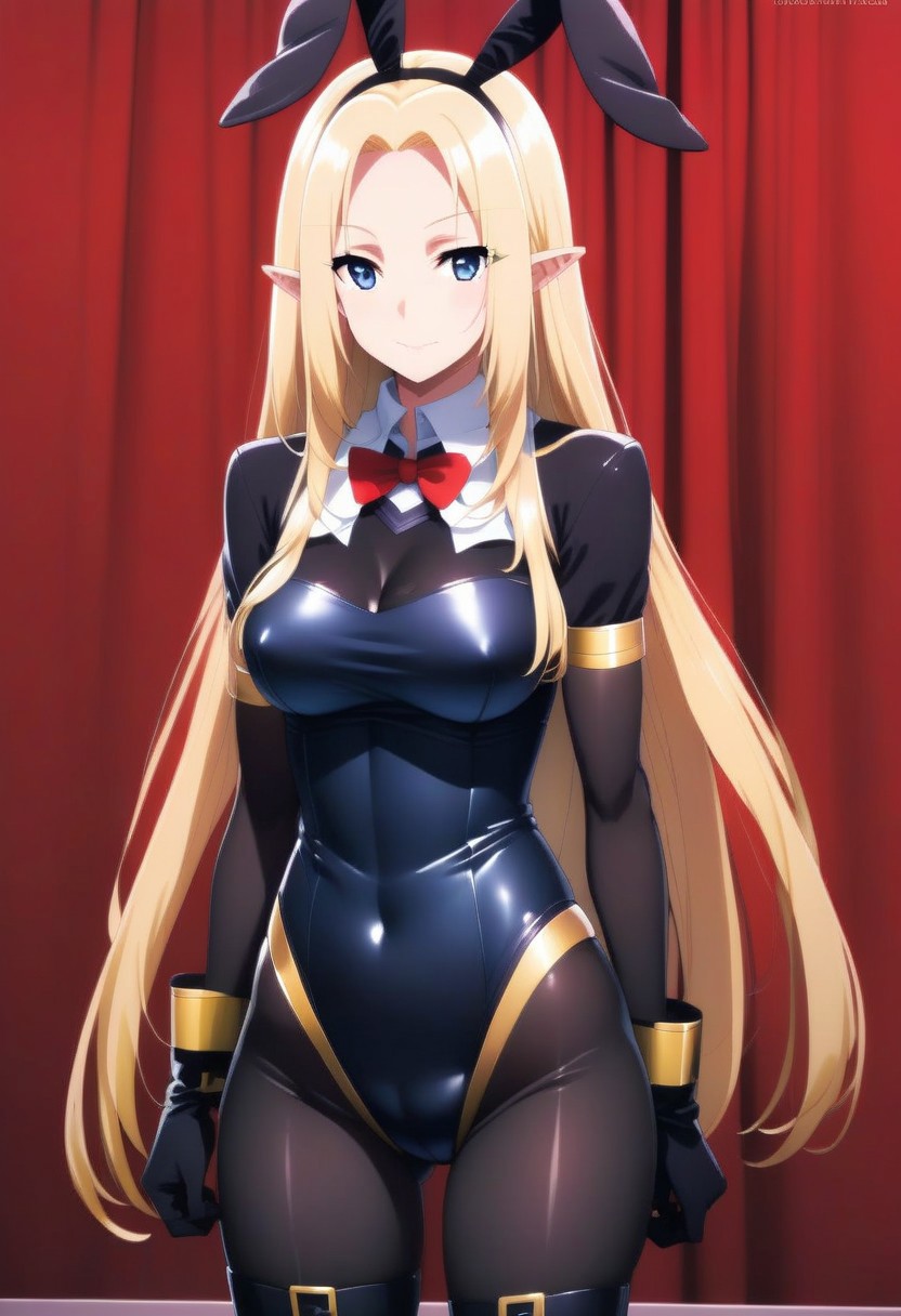 score_9, score_8_up, score_7_up, rating_questionable, 1girl, solo,
kage no jitsuryokusha ni naritakute!, alpha \(kage no jitsuryokusha ni naritakute!\), <lora:shadow-alpha-ponyxl-lora-nochekaiser:1>, alpha, blue eyes, tsurime, eyelashes, blonde hair, long hair, straight hair, parted bangs, curtained bangs, sidelocks, pointy ears, elf, thick thighs, large breasts, blush, nose blush, nervous, rabbit ears, fake animal ears, playboy bunny, detached collar, bare shoulders, bare arms, collarbone, leotard, latex leotard, skindentation, skin tight, covered navel, thighhighs, wrist cuffs, cleavage, ass visible through thighs, thigh gap, simple background, heart background, red background, contrapposto, looking at viewer