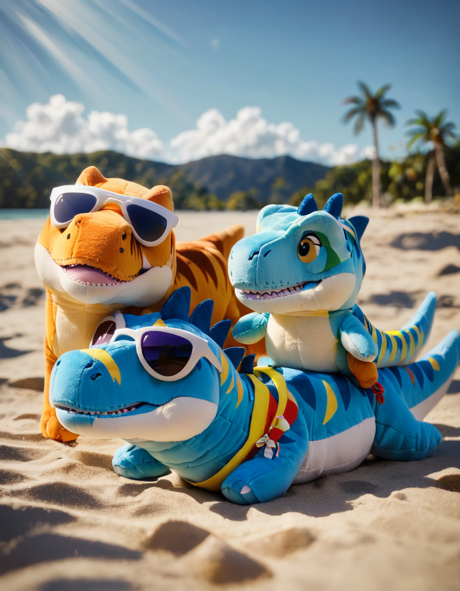 score_9, score_8_up, score_7_up,
rating_safe,
three dinosaur sunbathing, sunglasses, on the shore,trio,lying on the sand,
sun, sunrays, 
<lora:woafu_plushify_sdxl_v2:0.8> plushify, character stuffed toy, chibi,