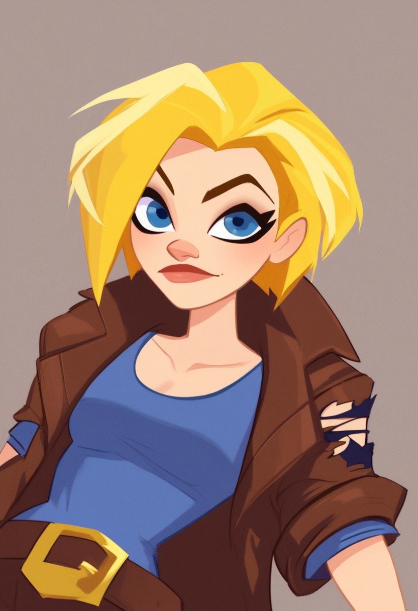 score_9, score_8_up, score_7_up, 1girl, solo, kara, short hair, blonde hair, blue eyes, makeup, blue shirt, torn brown pants, jacket, belt, boots, simple background, dynamic posing