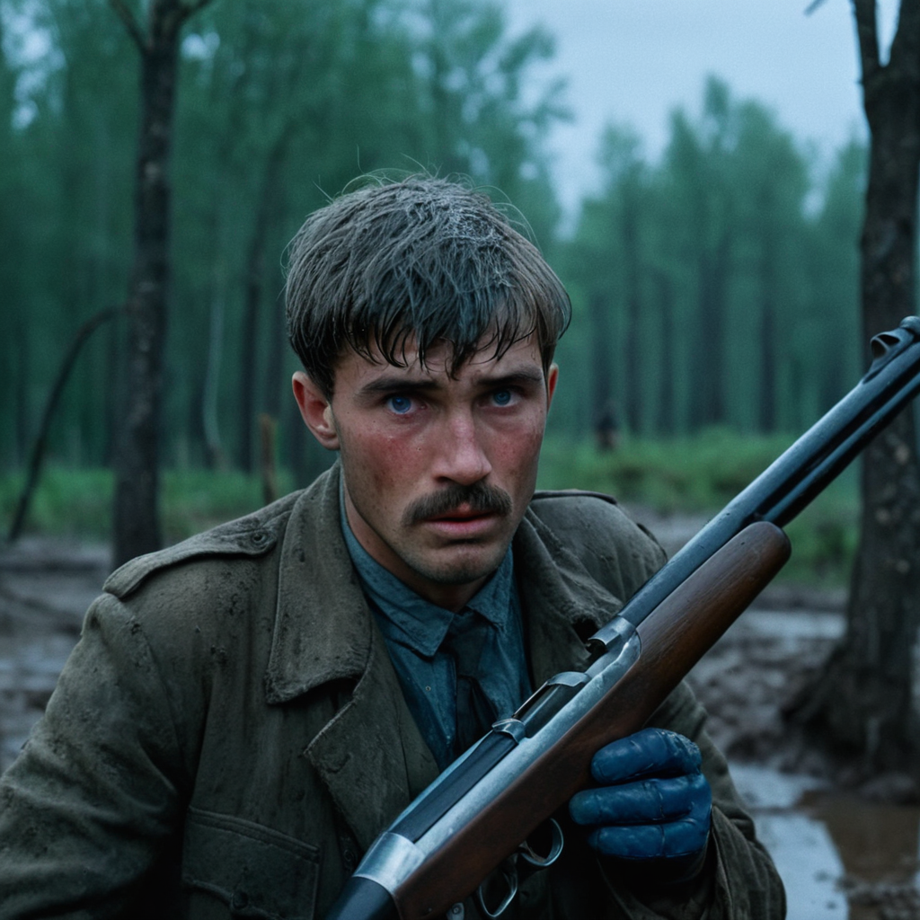 cinematic film still of  <lora:Come and See style v2:1> wrinkly sad depressed
In 1943, in a small Belarusian village a man in a muddy area with a rifle,solo,open mouth,blue eyes,black hair,gloves,1boy,weapon,grey hair,male focus,outdoors,water,blurry,tree,gun,facial hair,beard,reflection,rain,mustache,reflective water , action, horror, war, movie themed, sharp, detailed, epic cinematic photography, artistic, creative, dramatic light, cinematic color style, Kodak film style, 8k resolution, Come and See style, shallow depth of field, vignette, highly detailed, high budget, bokeh, cinemascope, moody, epic, gorgeous, film grain, grainy