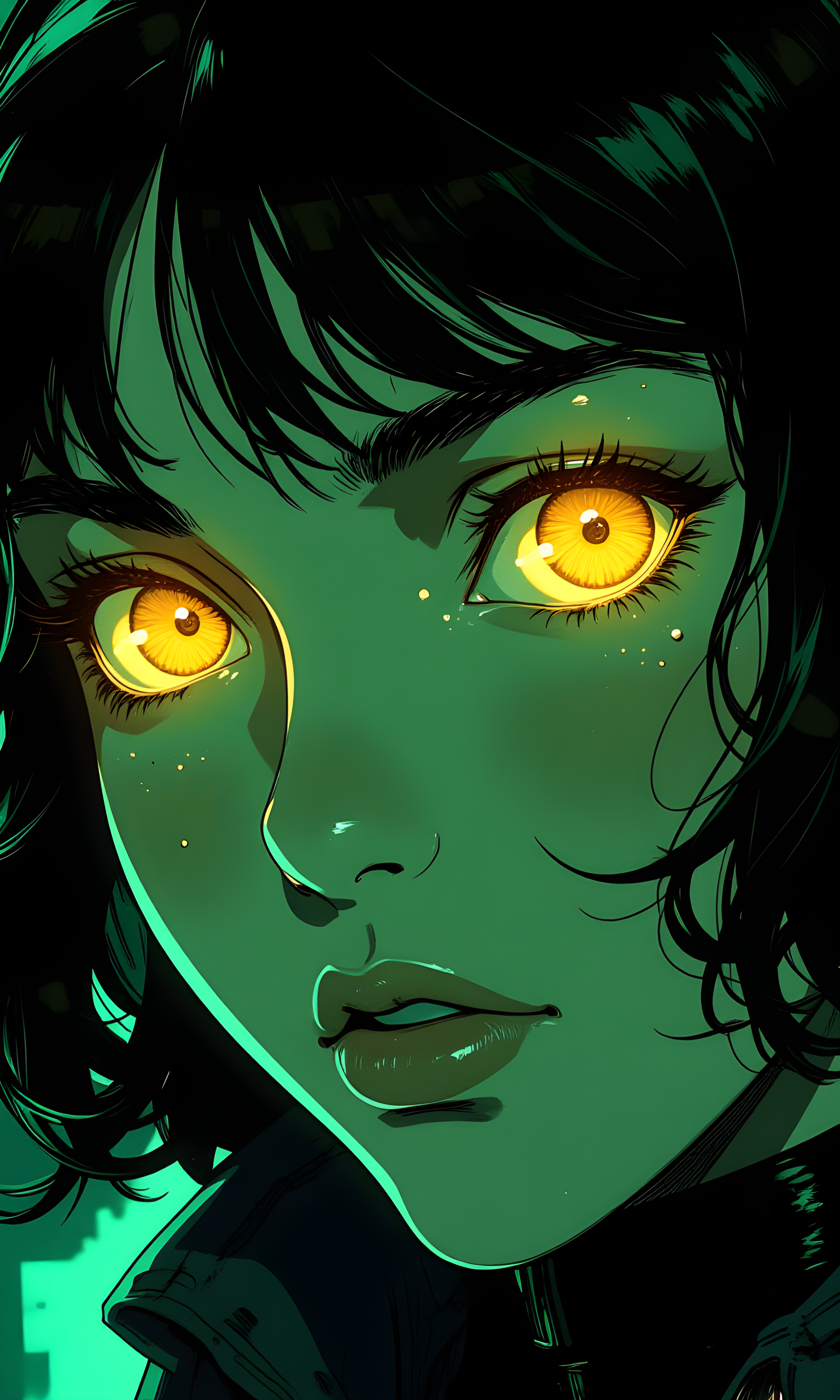 A close-up of a woman's face is the central subject, captured with bold and expressive brushstrokes. 
The camera focuses on her intense gaze, with her eyes highlighted in bright yellow against the dark background. 
The lighting is dramatic, with strong contrasts between light and shadow that emphasize her facial features. 
The green light source appears to be from above, casting shadows that add depth and dimension to her face. From bottom there is a blue ambient light that dimly lighten every thing.
In the background, there are no distinct elements, as the focus remains entirely on her face. The composition centers on her eyes and expression, with the use of vibrant colors and dynamic brushwork creating a powerful and emotional impact. The overall mood is one of intensity and mystery, enhanced by the striking color palette and artistic style.
BREAK anime, d13s3lp2nk, bboil artist style, OBdonman, Anime art, <lora:FLUX\Anime Art V3:0.2>, <lora:FLUX\Synesthesia:0.2>, <lora:FLUX\RetroAnimeS1.1:0.5>, <lora:FLUX\Flux-jijia:0.1>, <lora:FLUX\It's a LoRA for portraits, BUT! actually specialized in backgrounds. v1.0:0.1>, <lora:FLUX\GLSHS:0.2>, <lora:FLUX\Dieselpunk Delight - s0_9 g4:0.4>, <lora:FLUX\OBdonman, anime0style portrait:0.1>