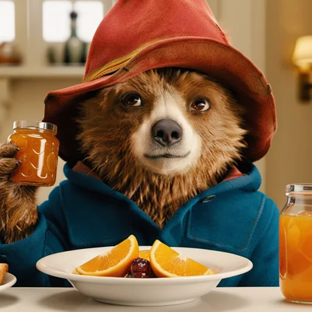 Paddington1024, a bear having breakfast, oranges, jam, toasts, detailed eyes, highly detailed, photography, ultra sharp, film, bokeh, professional, 4k <lora:add-detail-xl:1.5> <lora:Paddington1024:0.8>