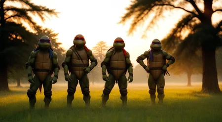 full body shot, group, TMNTGroup, a group of  four teenage mutant ninja turtles, with red and blue and orange and purple bandana masks with eye-holes, standing in a field at sunset with trees in the background and a sky in the background, <lora:TMNT_Turtles_AIO_SDXL-000009:1>