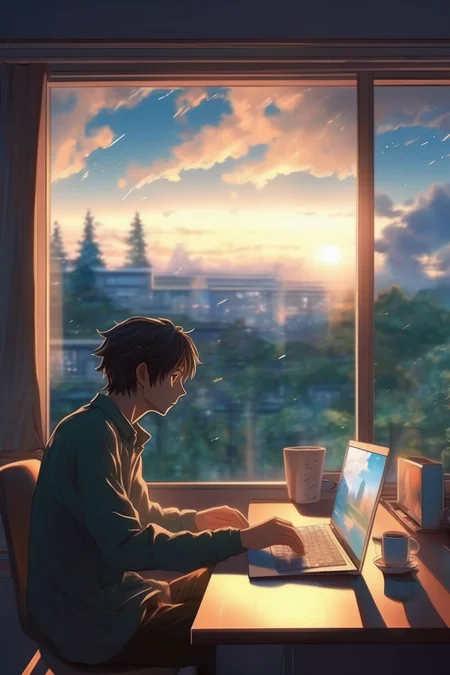 <lora:Makoto Shinkai Style:1>Makoto Shinkai Style - create photo of programmer who is near the window. He programming and thinking with looking at the nature behind the window, draw Makoto Sinkay anime style. Beautiful nature is visible behind the window. There is cup of hot coffe near programmer's macbook
