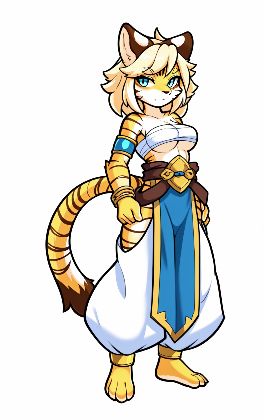 best quality, absurdres,full body, <lora:BolivanteStyleITS:0.8>,  <lora:ZFFBHITS:1>, ZFFBHITS, pants cutout, blonde hair, short hair, animal ears, yellow skin, multicolored skin, blue eyes, tiger girl, yellow fur, body fur, tiger tail, animal nose, furry, female furry, bare shoulders, harem pants, white harem pants, pelvic curtain, dark blue pelvic curtain, brown bracelet, brown ribbon, armlet, blue armlet, belt, buckle, japanese clothes, chest sarashi, waist cape,( yellow waist cape), (clothing cutout), midriff, bandages, slim, white background, standing, white pants, anklet