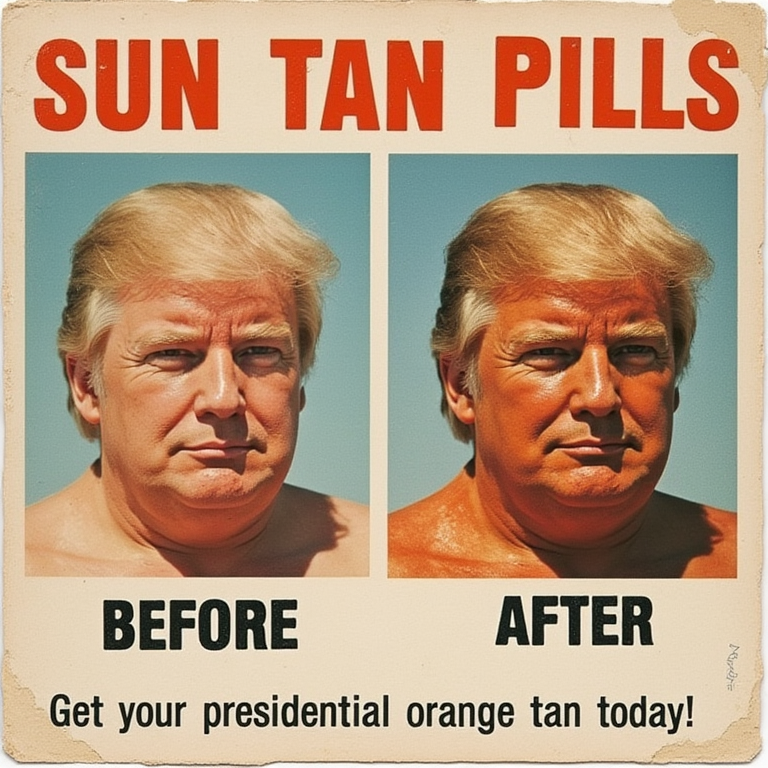w1z_b4-4ft3r, vintage 'before & after' ad. The headline reads "SUN TAN PILLS" in bold typography. The ad features a dramatic before-and-after comparison. The “BEFORE” image shows the fat face of **PREZ** with light skin. In the “AFTER” image, the same obese **PREZ** appears significantly darker, as if deeply spray-tanned, with exaggerated contrast suggesting an artificial enhancement. A small text say "Get your presidential orange tan today!"
