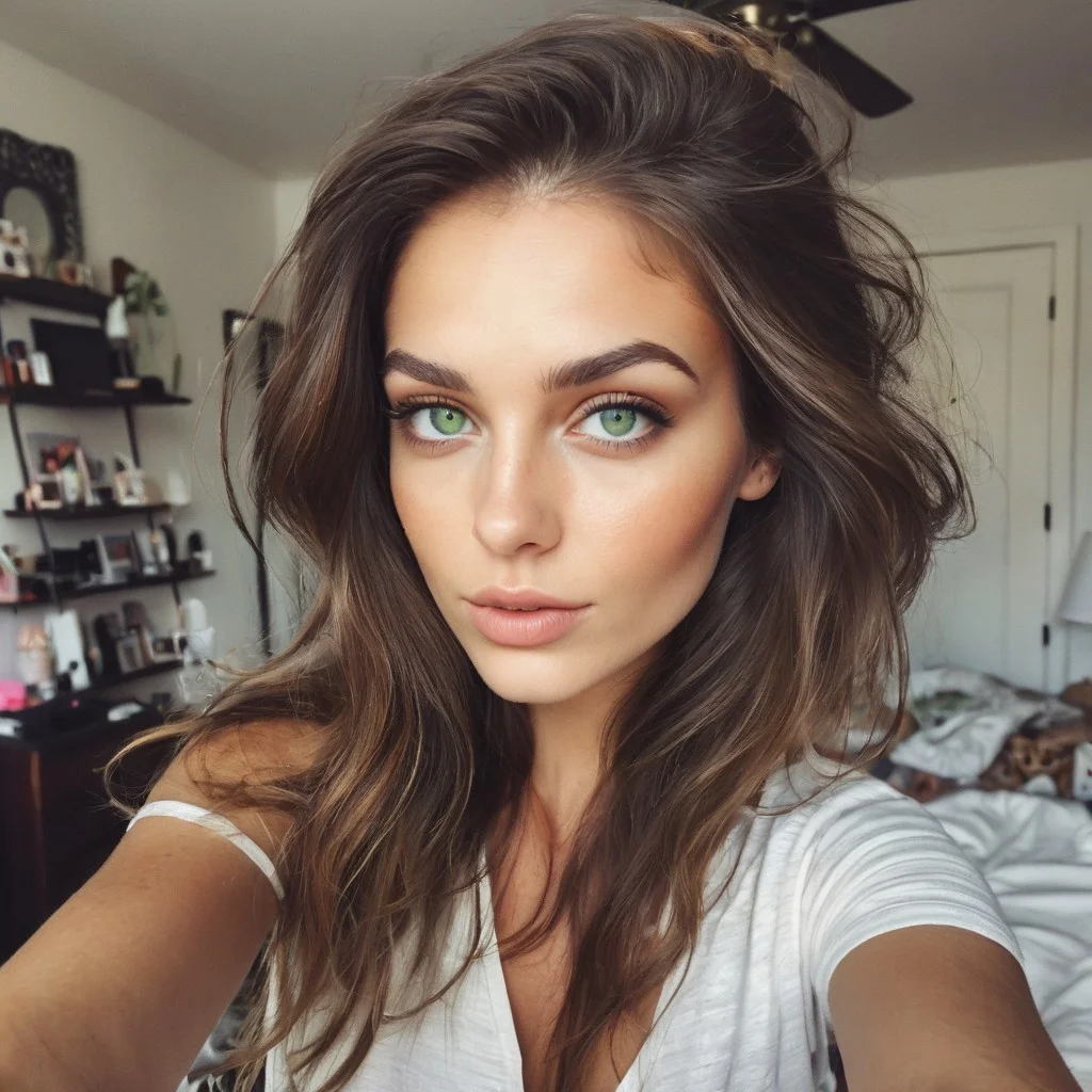Image of a beautiful woman with brunette hair and green eyes taking a selfie with an iphone, background is in her messy bedroom.